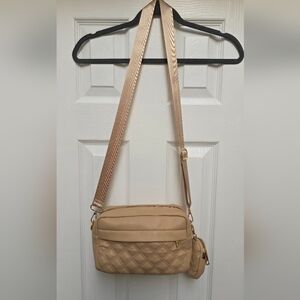 Beige Quilted Crossbody Shoulder Bag With Small Coin Purse Keychain.